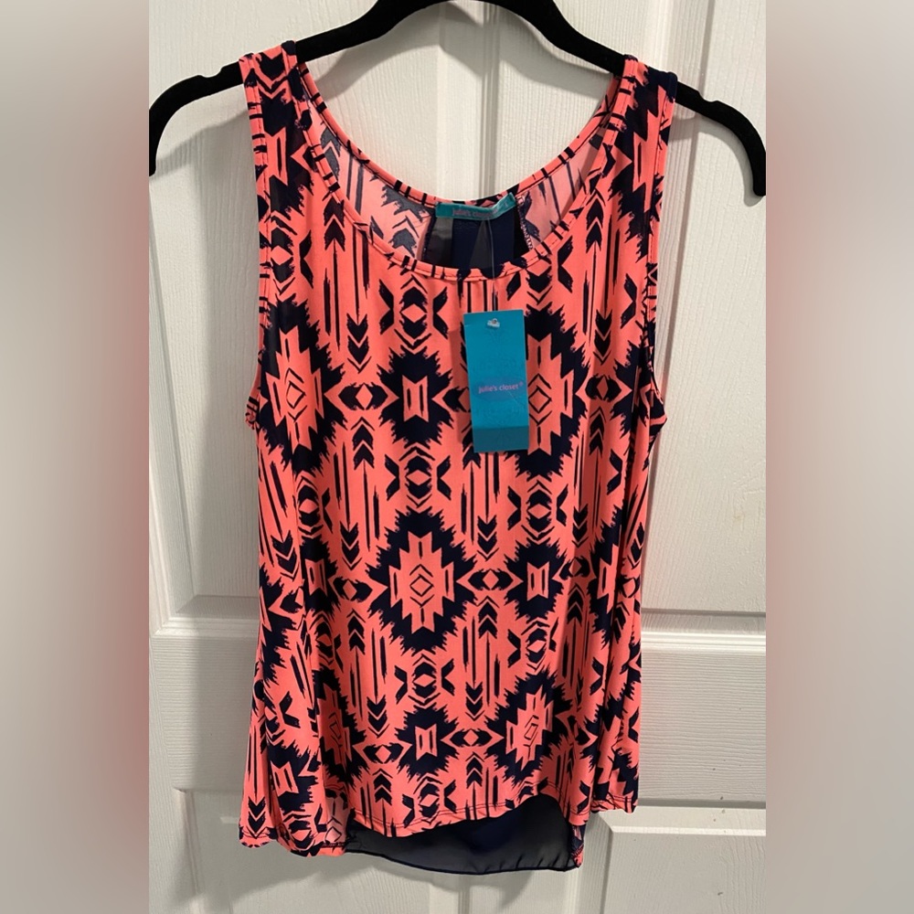 Julie’s Closet Blue & Pink Tribal Print Blouse/Tank. Size L. Sheer back detail.